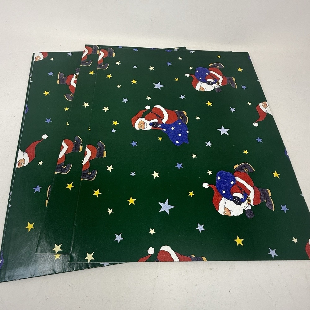 Vintage Christmas Wrapping Paper Gift Wrap 3 Sheets 22" x 35" Green Santa Clause